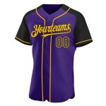 Maglia da baseball autentica, maniche raglan viola, personalizzata, nera e oro