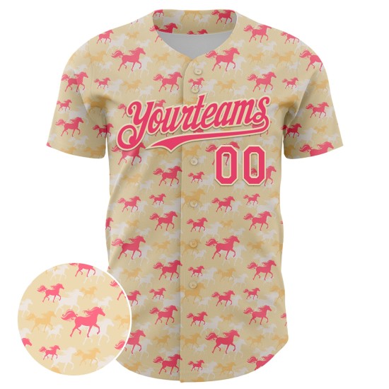 Maglia da baseball personalizzata con motivo a cavallo color crema, rosa, neon, animale, autentico, 3D Maglia da baseball personalizzata con motivo a cavallo color crema, rosa, neon, animale, autentico, 3D