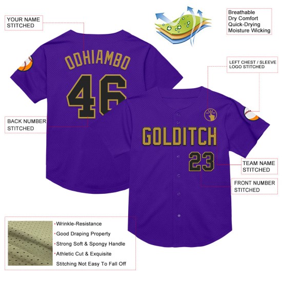 Maglia da baseball personalizzata autentica retrò nera-viola antica in maglia dorata