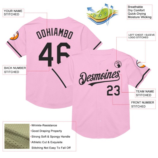 Maglia da baseball autentica rosa retrò in rete leggera nera personalizzata Maglia da baseball autentica rosa retrò in rete leggera nera personalizzata