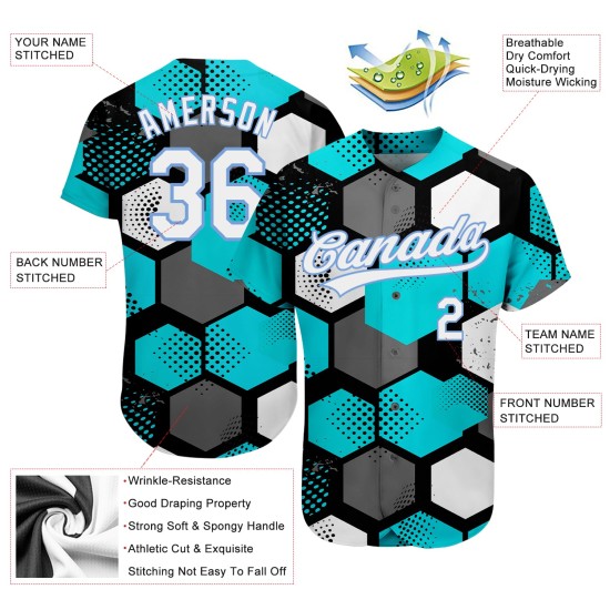 Maglia da baseball con motivo bianco-chiaro autentico, design personalizzato, blu 3D verde acqua Maglia da baseball con motivo bianco-chiaro autentico, design personalizzato, blu 3D verde acqua