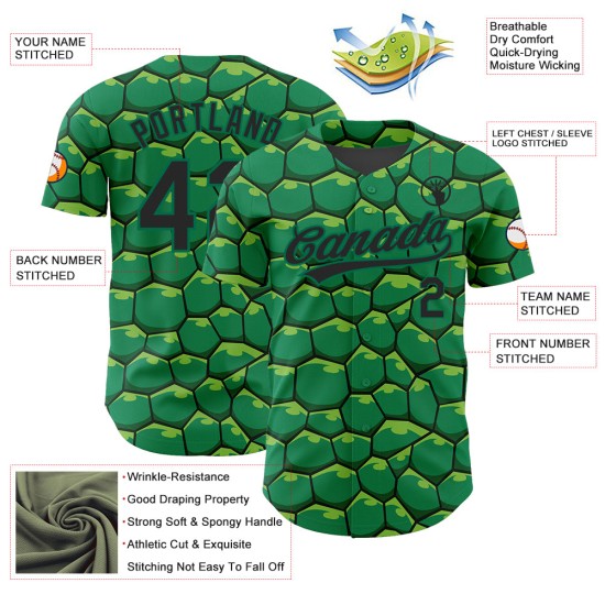 Maglia da baseball Kelly verde con motivo tartaruga 3D personalizzata, modello autentico nero Maglia da baseball Kelly verde con motivo tartaruga 3D personalizzata, modello autentico nero