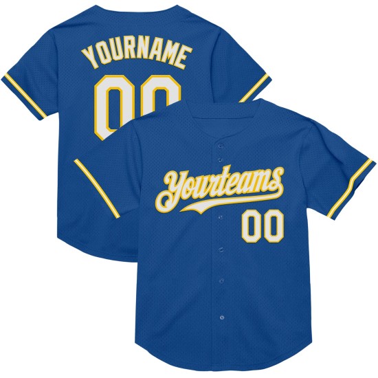 Maglia da baseball vintage autentica blu in rete, personalizzata, bianca e gialla Maglia da baseball vintage autentica blu in rete, personalizzata, bianca e gialla
