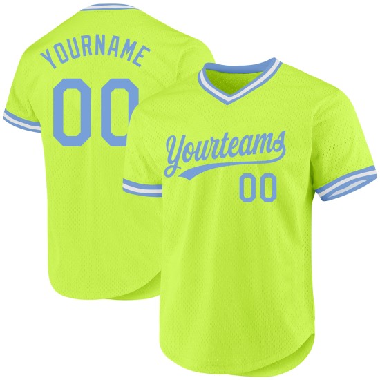 Maglia da baseball leggera retrò personalizzata autentica, verde neon, blu e bianca Maglia da baseball leggera retrò personalizzata autentica, verde neon, blu e bianca