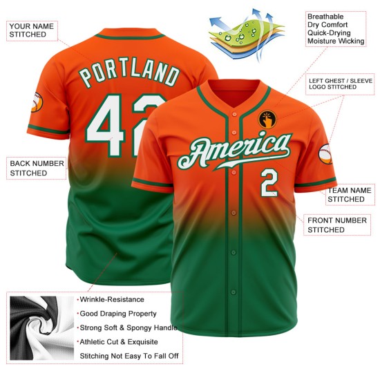 Maglia da baseball personalizzata autentica verde sfumata bianca-arancione Kelly Fashion Maglia da baseball personalizzata autentica verde sfumata bianca-arancione Kelly Fashion