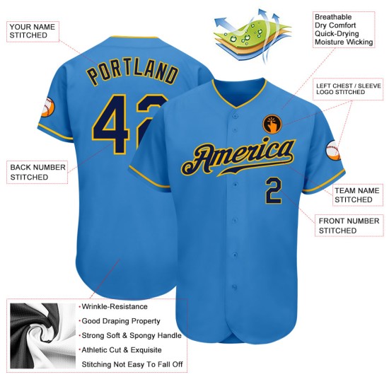 Maglia da baseball personalizzata autentica blu navy e oro