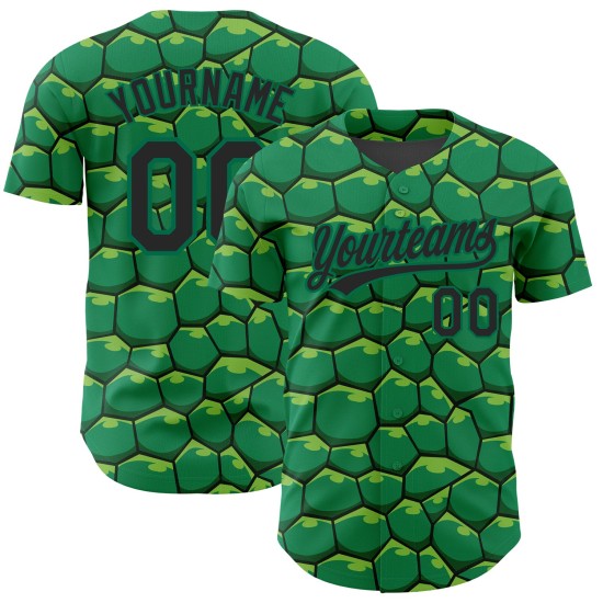 Maglia da baseball Kelly verde con motivo tartaruga 3D personalizzata, modello autentico nero Maglia da baseball Kelly verde con motivo tartaruga 3D personalizzata, modello autentico nero