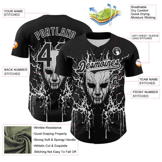 Maglia da baseball bianca autentica personalizzata con motivo 3D nero a forma di teschio Rave Maglia da baseball bianca autentica personalizzata con motivo 3D nero a forma di teschio Rave