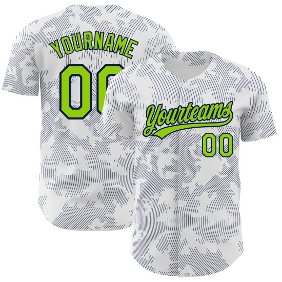 Maglia da baseball autentica verde-blu navy con design neon personalizzato, motivo 3D, linee curve bianche Maglia da baseball autentica verde-blu navy con design neon personalizzato, motivo 3D, linee curve bianche