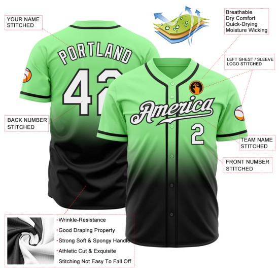 Maglia da baseball bianca e nera sfumata, autentica, personalizzata, verde pisello Maglia da baseball bianca e nera sfumata, autentica, personalizzata, verde pisello