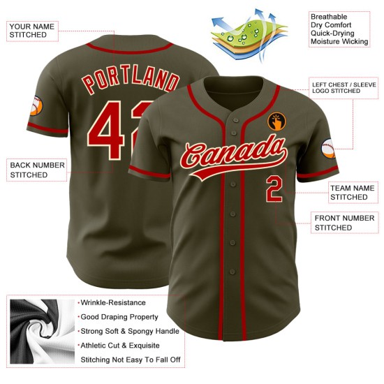 Maglia da baseball personalizzata "Red-Cream To Salute" con servizio autentico, oliva Maglia da baseball personalizzata "Red-Cream To Salute" con servizio autentico, oliva