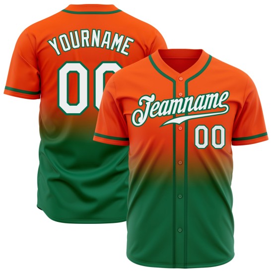 Maglia da baseball personalizzata autentica verde sfumata bianca-arancione Kelly Fashion Maglia da baseball personalizzata autentica verde sfumata bianca-arancione Kelly Fashion
