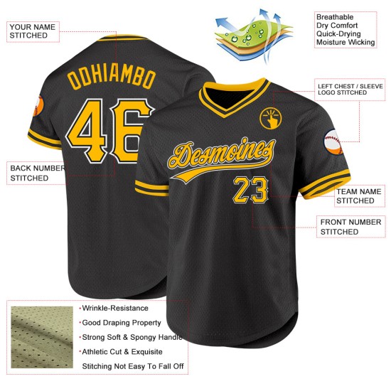 Maglia da baseball nera personalizzata, autentica, in oro e bianco, stile retrò Maglia da baseball nera personalizzata, autentica, in oro e bianco, stile retrò