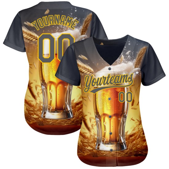 Maglia da baseball gialla da birra, modello grigio, design 3D personalizzato per la giornata internazionale, acciaio autentico Maglia da baseball gialla da birra, modello grigio, design 3D personalizzato per la giornata internazionale, acciaio autentico