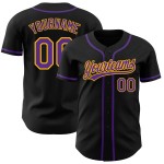 Maglia da baseball personalizzata viola-oro autentica nera Maglia da baseball personalizzata viola-oro autentica nera