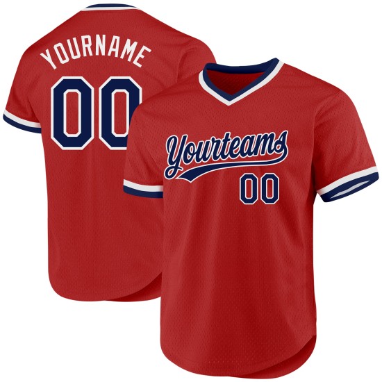 Maglia da baseball personalizzata autentica rossa retrò blu navy e bianca Maglia da baseball personalizzata autentica rossa retrò blu navy e bianca
