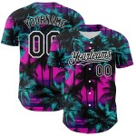 Maglia da baseball personalizzata con motivo a palme da spiaggia, autentici alberi hawaiani 3D, design nero-bianco-rosa Maglia da baseball personalizzata con motivo a palme da spiaggia, autentici alberi hawaiani 3D, design nero-bianco-rosa