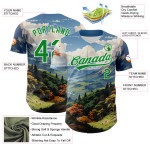 Maglia da baseball con motivo 3D a montagne personalizzate, design del paesaggio con erba bianca e verde Maglia da baseball con motivo 3D a montagne personalizzate, design del paesaggio con erba bianca e verde