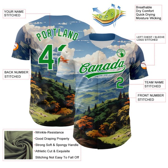 Maglia da baseball con motivo 3D a montagne personalizzate, design del paesaggio con erba bianca e verde Maglia da baseball con motivo 3D a montagne personalizzate, design del paesaggio con erba bianca e verde