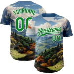 Maglia da baseball con motivo 3D a montagne personalizzate, design del paesaggio con erba bianca e verde Maglia da baseball con motivo 3D a montagne personalizzate, design del paesaggio con erba bianca e verde