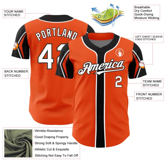 Maglia da baseball personalizzata arancione, colori autentici, 3 maniche, forme bianche e nere Maglia da baseball personalizzata arancione, colori autentici, 3 maniche, forme bianche e nere