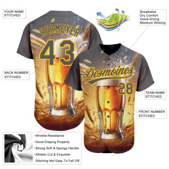 Maglia da baseball gialla da birra, modello grigio, design 3D personalizzato per la giornata internazionale, acciaio autentico Maglia da baseball gialla da birra, modello grigio, design 3D personalizzato per la giornata internazionale, acciaio autentico