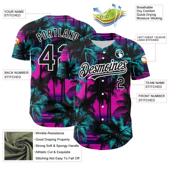 Maglia da baseball personalizzata con motivo a palme da spiaggia, autentici alberi hawaiani 3D, design nero-bianco-rosa Maglia da baseball personalizzata con motivo a palme da spiaggia, autentici alberi hawaiani 3D, design nero-bianco-rosa