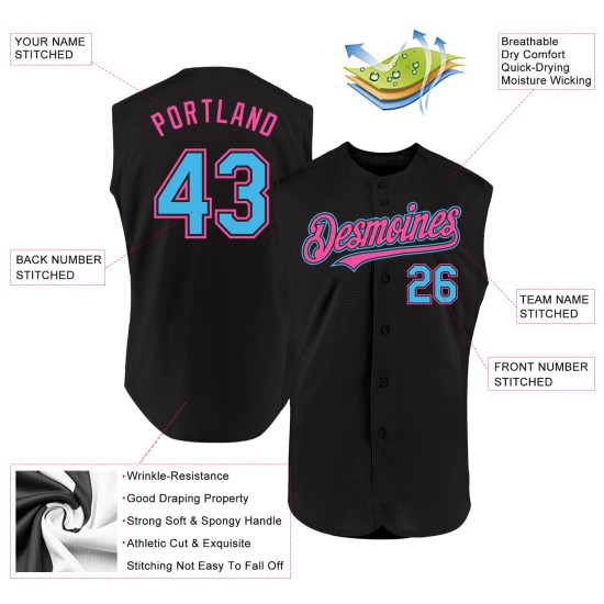 Maglia autentica Sky senza maniche da baseball nera blu-rosa personalizzata Maglia autentica Sky senza maniche da baseball nera blu-rosa personalizzata