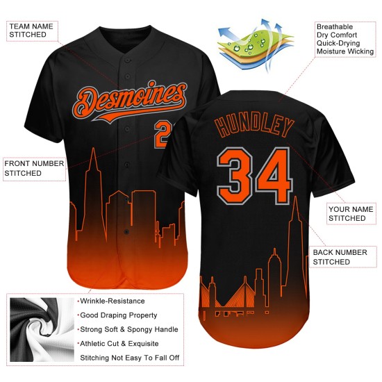 Maglia da baseball San City Fashion, arancione-grigio sfumato, 3D Francisco, edizione nera personalizzata, autentica Maglia da baseball San City Fashion, arancione-grigio sfumato, 3D Francisco, edizione nera personalizzata, autentica
