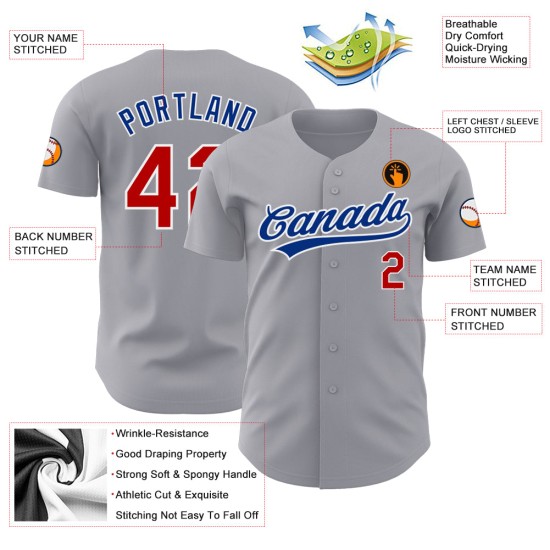 Maglia da baseball autentica grigia personalizzata rosso-bianca Maglia da baseball autentica grigia personalizzata rosso-bianca