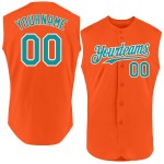 Maglia da baseball personalizzata verde acqua e bianca arancione autentica senza maniche Maglia da baseball personalizzata verde acqua e bianca arancione autentica senza maniche