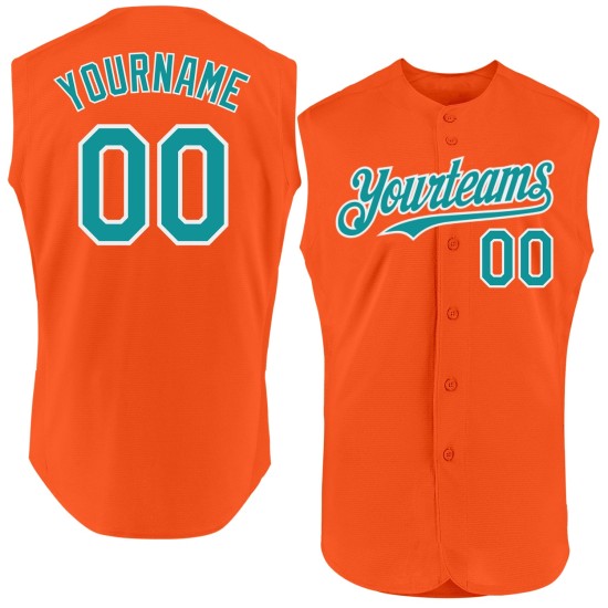 Maglia da baseball personalizzata verde acqua e bianca arancione autentica senza maniche Maglia da baseball personalizzata verde acqua e bianca arancione autentica senza maniche