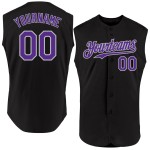 Maglia da baseball personalizzata autentica nera viola-grigia senza maniche Maglia da baseball personalizzata autentica nera viola-grigia senza maniche