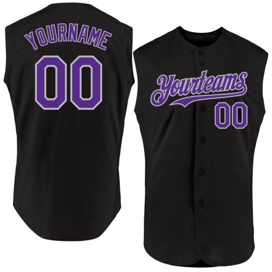 Maglia da baseball personalizzata autentica nera viola-grigia senza maniche Maglia da baseball personalizzata autentica nera viola-grigia senza maniche