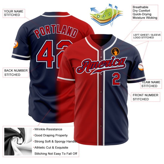 Maglia da baseball personalizzata blu navy, sfumatura rossa e bianca, autentica Maglia da baseball personalizzata blu navy, sfumatura rossa e bianca, autentica