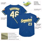 Maglia da baseball vintage autentica blu in rete, personalizzata, bianca e gialla Maglia da baseball vintage autentica blu in rete, personalizzata, bianca e gialla