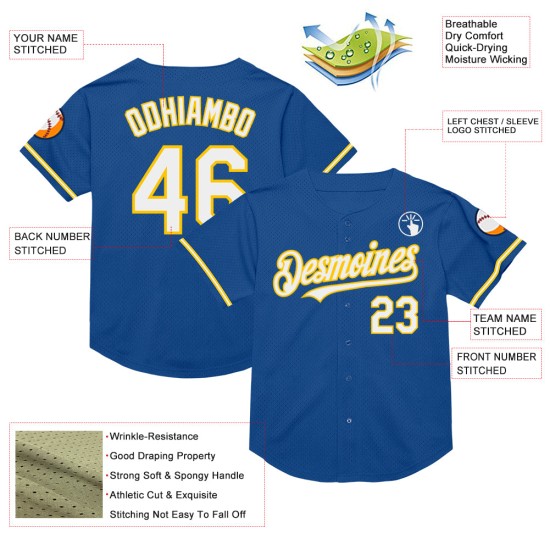 Maglia da baseball vintage autentica blu in rete, personalizzata, bianca e gialla Maglia da baseball vintage autentica blu in rete, personalizzata, bianca e gialla