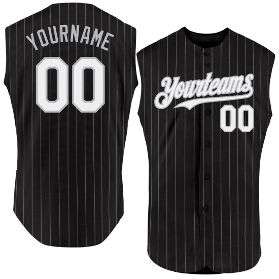 Maglia da baseball a righe nere senza maniche bianca, autentica, grigia, personalizzata