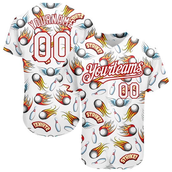 Maglia da baseball autentica personalizzata Firely White Bowling 3D Design rosso Maglia da baseball autentica personalizzata Firely White Bowling 3D Design rosso