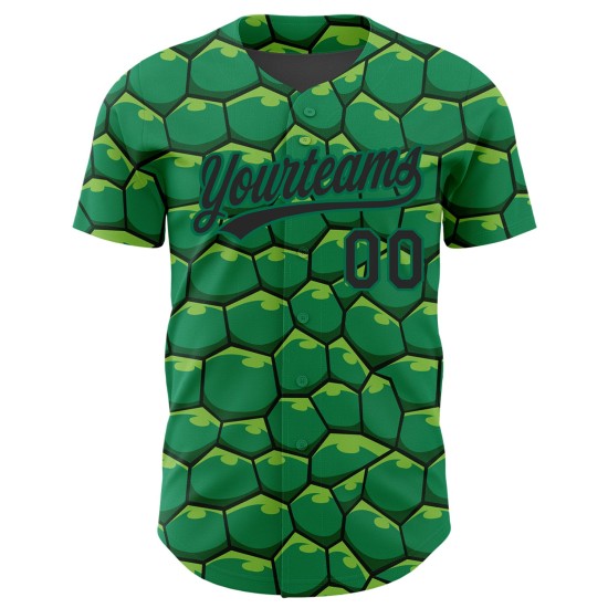 Maglia da baseball Kelly verde con motivo tartaruga 3D personalizzata, modello autentico nero Maglia da baseball Kelly verde con motivo tartaruga 3D personalizzata, modello autentico nero