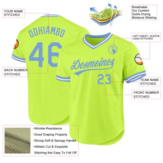 Maglia da baseball leggera retrò personalizzata autentica, verde neon, blu e bianca Maglia da baseball leggera retrò personalizzata autentica, verde neon, blu e bianca
