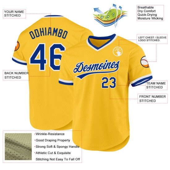 Maglia da baseball personalizzata autentica Royal-White Throwback Gold Maglia da baseball personalizzata autentica Royal-White Throwback Gold