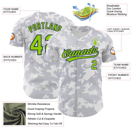 Maglia da baseball autentica verde-blu navy con design neon personalizzato, motivo 3D, linee curve bianche Maglia da baseball autentica verde-blu navy con design neon personalizzato, motivo 3D, linee curve bianche