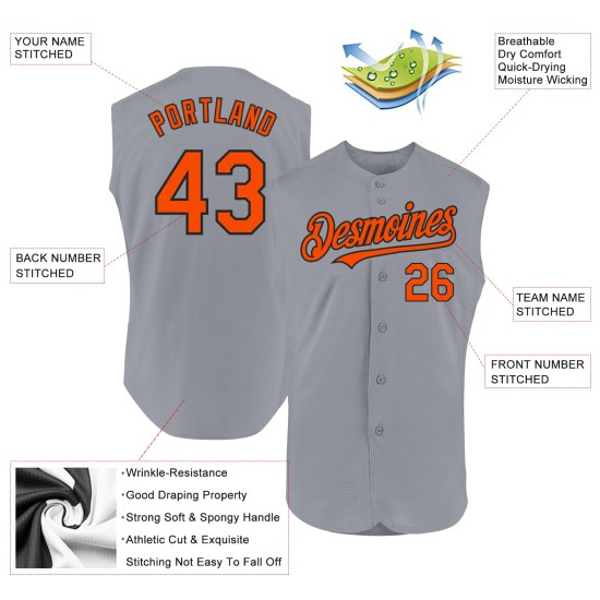 Maglia da baseball grigia senza maniche arancione-nera, autentica e personalizzata Maglia da baseball grigia senza maniche arancione-nera, autentica e personalizzata