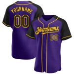 Maglia da baseball autentica, maniche raglan viola, personalizzata, nera e oro