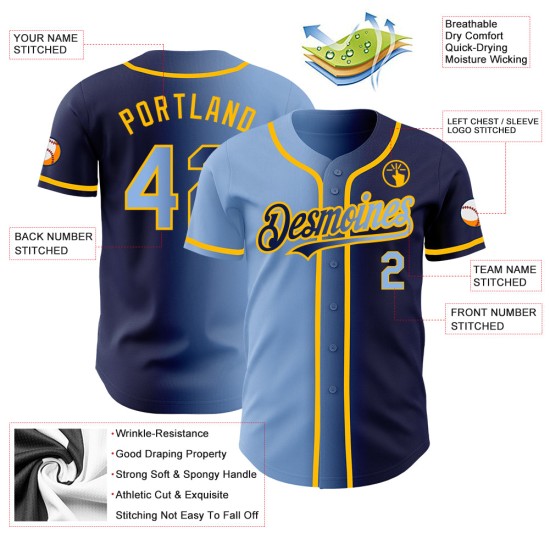 Maglia da baseball sfumata blu-oro leggera personalizzata, moda autentica, blu navy