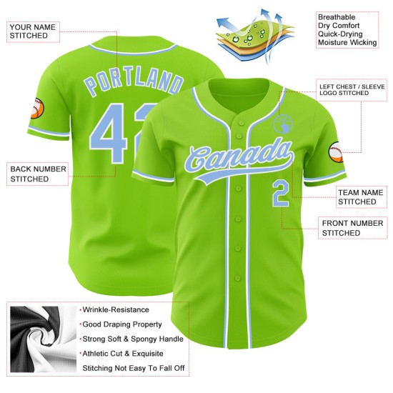 Maglia da baseball personalizzata autentica blu-bianca verde leggera al neon