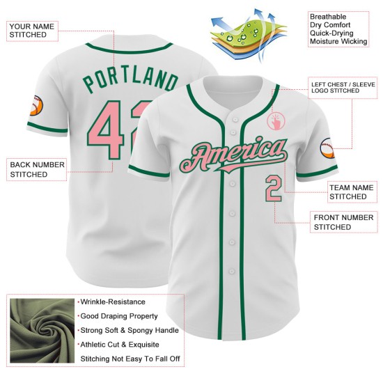 Maglia da baseball autentica verde bianca personalizzata di taglia media, rosa-Kelly Maglia da baseball autentica verde bianca personalizzata di taglia media, rosa-Kelly