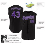 Maglia da baseball personalizzata autentica nera viola-grigia senza maniche Maglia da baseball personalizzata autentica nera viola-grigia senza maniche