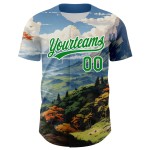 Maglia da baseball con motivo 3D a montagne personalizzate, design del paesaggio con erba bianca e verde Maglia da baseball con motivo 3D a montagne personalizzate, design del paesaggio con erba bianca e verde